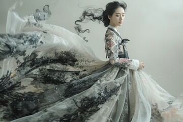 Witness the fusion of traditional Korean hanbok fashion with futuristic elements, creating a bold new aesthetic that pushes boundaries and sparks imagination, showcasing a harmonious blend of heritage