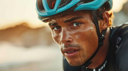 Close-up portrait of a sweaty male athlete post-cycling, emphasizing physical effort and sports determination