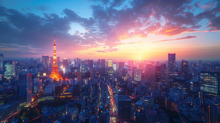 Twilight over a bustling city skyline with illuminated buildings.