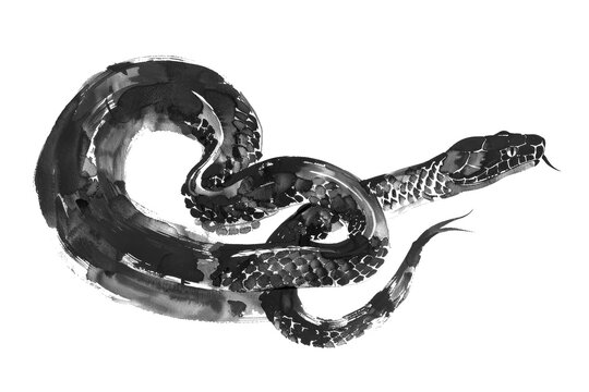 a snake painted in chinese style black brush strokes