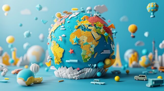 Global Diversity: A 3D vector illustration of a globe with different cultural elements and icons from around the world