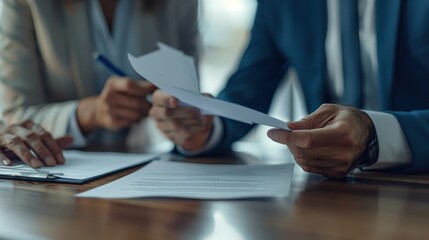 Two professionals sharing documents during a business meeting at a desk