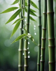 Obraz premium A high-quality photograph of bamboo stalks and leaves adorned with dewdrops, showcasing the natural beauty and tranquility of a bamboo forest.