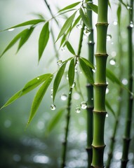 A high-quality photograph of bamboo stalks and leaves adorned with dewdrops, showcasing the natural beauty and tranquility of a bamboo forest.