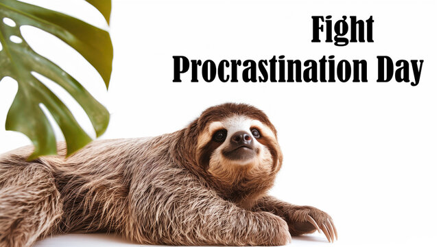 Cute Sloth on Fight Procrastination Day with Monstera Leaf on White Background.