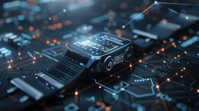 Close-up of a modern smartwatch on a digital circuit board, symbolizing advanced technology and connectivity. - Powered by Adobe