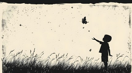 Silhouetted child exploring the boundless field under the vast sky