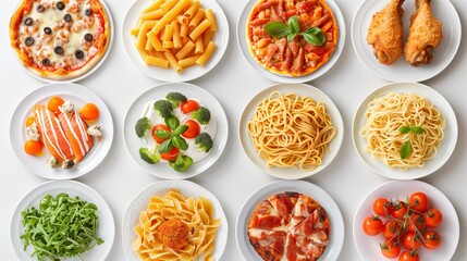 A collection of plates with various types of food,