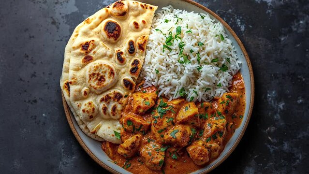 Delicious Indian Chicken Curry with Rice and Naan Bread