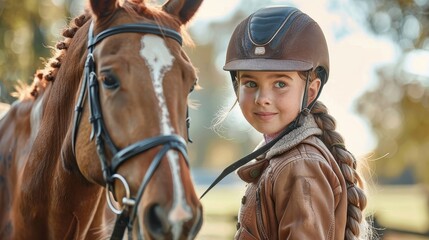 A girl with a horse shows a bond between human and animal in her riding outfit, ready for equestrian sports