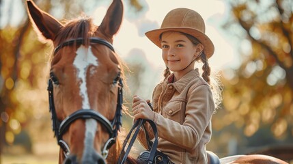 A young girl enjoys riding a horse, displaying her happiness and comfort while engaging in equestrian activity