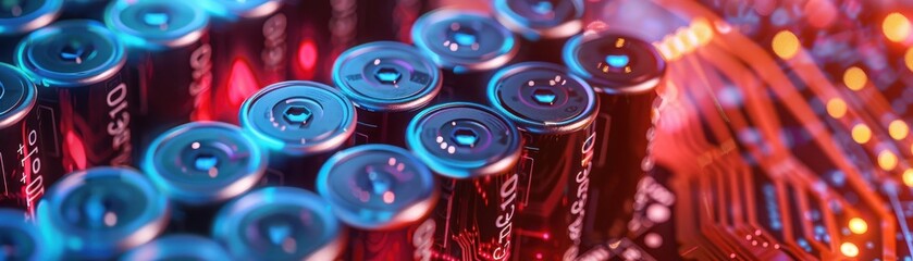 Close-up of cylindrical batteries in a vibrant, colorful setting. Energy and technology concept with glowing lights in the background.