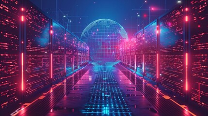 Obraz premium Technology and Innovation: A 3D vector illustration of a data center with servers processing information for AI algorithms
