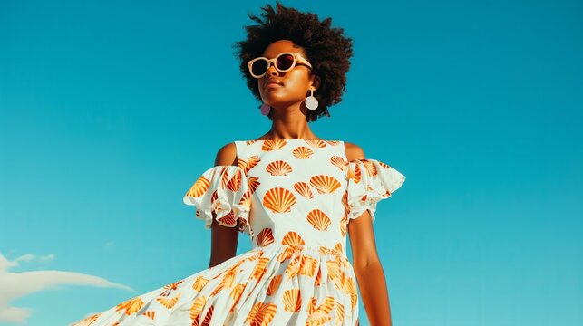 young black woman wearing sunglasses and a long summer dress with full skirt with line art shell print, sandy beach in the background - Powered by Adobe