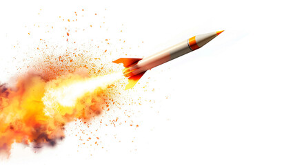 A missile rocket with fire trail isolated on white background