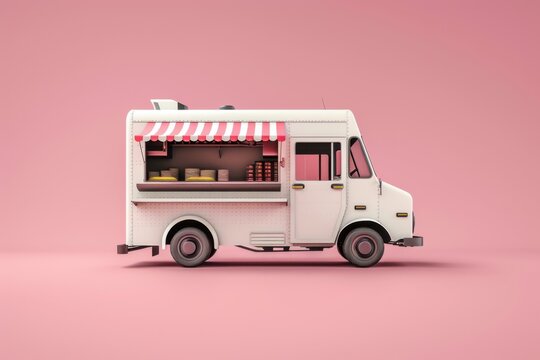 A white food truck with a red and white awning
