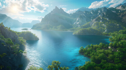 Naklejka premium Mountains, rivers and big trees The scenery is beautiful and mesmerizing