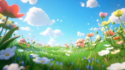 Fototapeta premium 3D illustration of a cute grassland withmany flowers, a blue sky and white clouds, a green meadow in spring, a cartoon game scene with a simplebackground, soft gradient colors and soft light, brightco