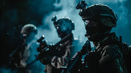 Fototapeta premium Modern military personnel in full gear during a night mission.