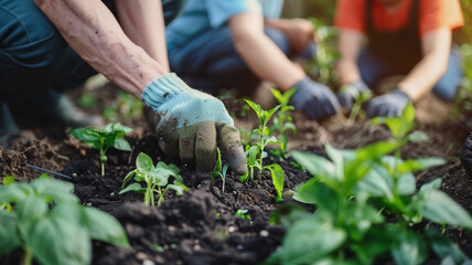 Naklejka premium Close up of a group of people wearing gloves planting young green plants into rich soil in the garden
