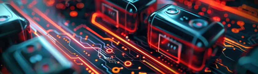 Close-up view of a circuit board with glowing red lights and intricate patterns, showcasing advanced technology and electronics components.