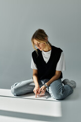 Young blonde woman in stylish casual outfit sits on the ground with hands in pockets, deep in...