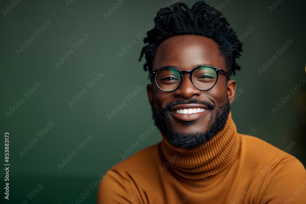 Sticker  handsome smiling black man wearing glasses and a turtleneck sweater, posing on a green background with copy space, in a studio shot