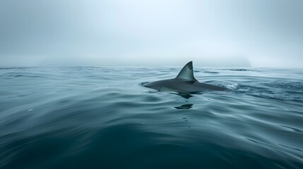 Naklejka premium A shark fin is seen above the water surface, a sense of danger and fear in an ocean setting.