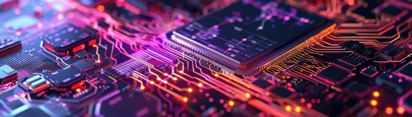 Obraz premium Close-up view of a vibrant and colorful electronic circuit board, showcasing intricate details and high-tech components in neon lighting.
