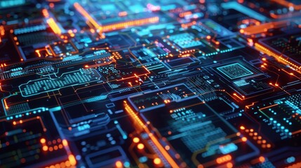 Close-up view of an electronic circuit board with glowing components, representing advanced technology and circuit design.