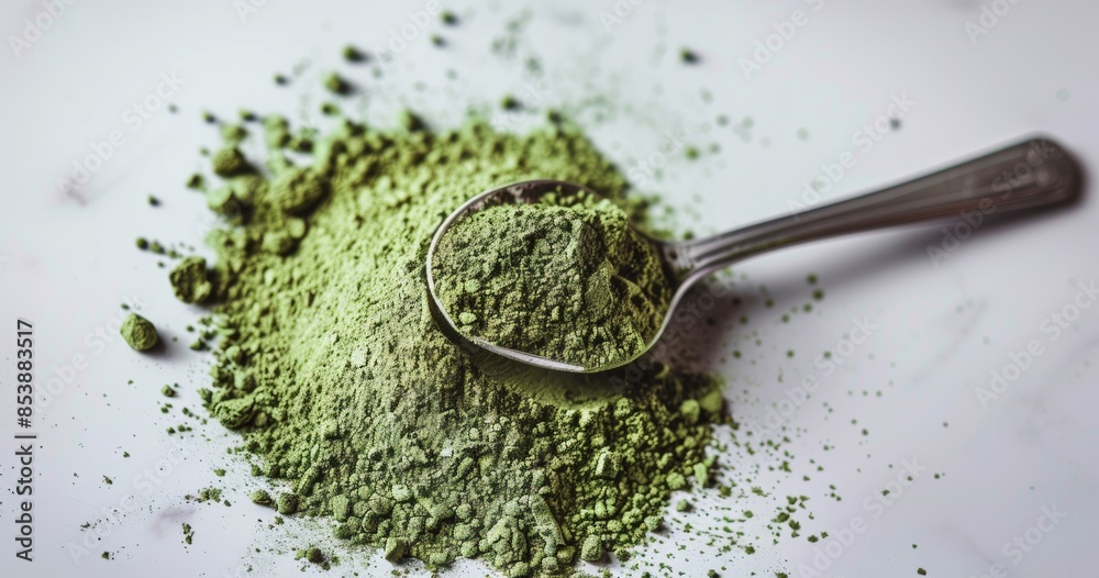 Canvas Prints matcha latte powder on a white table with a spoon