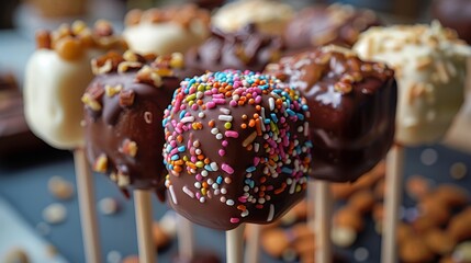 cheesecake on a stick, portable and fun treat, dipped in chocolate with various toppings like sprinkles and nuts, colorful and playful presentation