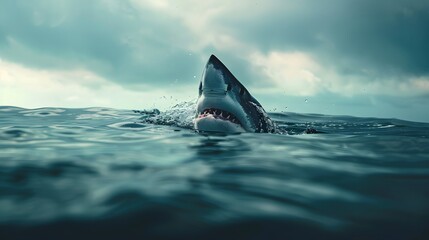 Fototapeta premium A shark fin is seen above the water surface, a sense of danger and fear in an ocean setting.