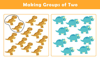 Making Groups of Two Worksheet. Grouping Picture Math Activity for Kids. Fun Math Activity for Children. Counting with Cute Pictures Worksheet.