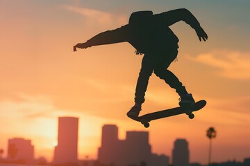 Young Skateboarder Performing a Trick at Sunset, A silhouette of a young skateboarder mid-air, performing a trick against a vibrant sunset backdrop.