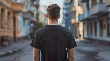 Fototapeta premium back view of a man wearing a blank black t-shirt. - mockup.