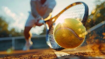 tennis player hitting a tennis ball with a racket, close-up of the ball. 