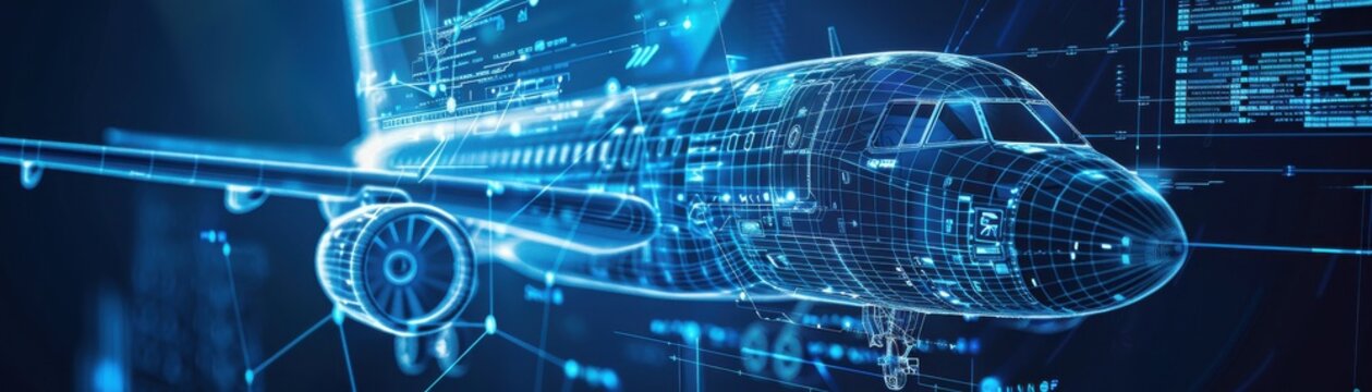 Digital futuristic aircraft blueprint illustration featuring three-dimensional wireframe design and technological details in virtual space.