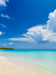 Naklejka premium Beautiful beach with white sand, turquoise sea water and blue sky with clouds on a sunny day. Surgery. Natural background for summer vacation
