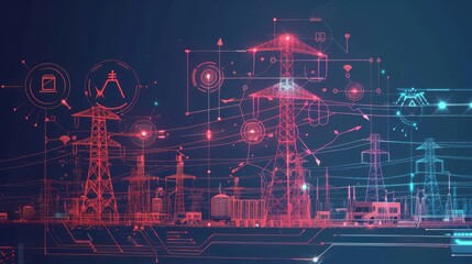Digital illustration of smart energy grid infrastructure with futuristic power lines and technology concepts interconnected.