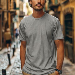 Fototapeta premium T-shirt MOCKUP, torso shot only, from shoulders down to waist, T-shirt color is Athletic Heather, T-shirt is WITHOUT SUBTITLES and without wrinkles, BOHO MOCKUP, city street