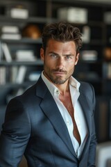 Fototapeta premium Male magazine cover model, billionaire, 30 years old, with short dark hair, wearing a black suit and white shirt, stands in a modern office with a bookshelf in the background.