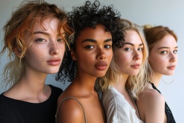 Obraz premium A diverse group of women, showcasing different hairstyles and expressions, posed against a minimalist white background. 