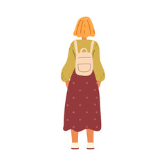Woman with backpack, museum visitor back view isolated flat cartoon character. Vector teenager student, businesswoman office worker, pretty girlfriend in modern outfit vector illustration