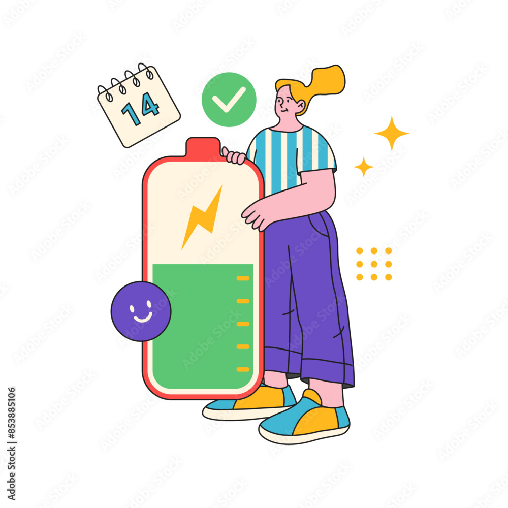Poster workforce productivity and efficiency. vector flat cartoon character with battery, calendar and sche