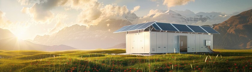 Eco-friendly house with solar panels in a picturesque landscape with mountains and a beautiful sunrise, symbolizing renewable energy and sustainability.