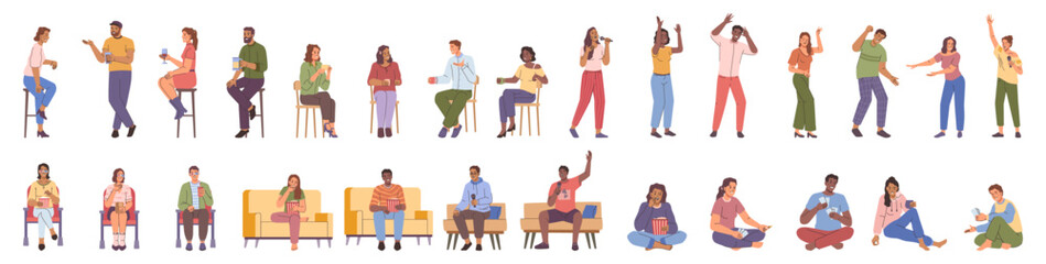 Socially active people, isolated set of personages going out in evening for fun. Vector men and women dancing and singing in karaoke, drinking wine and beer, watching TV or movies in cinema