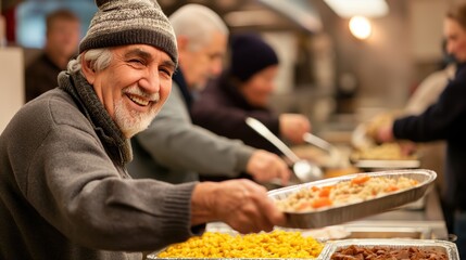 Smiling Elderly Man Serving Food at Community Center Soup Kitchen.