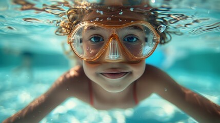 Fototapeta premium Cute child snorkeling in the swimming pool, underwater perspective, blue water in the swimming pool