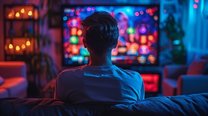 Obraz premium the future of gaming for the population with a young man sitting on the couch playing slots on his tv 